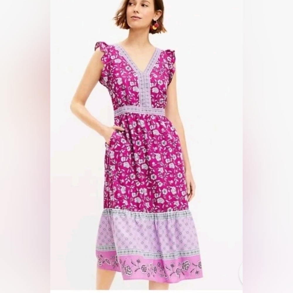 LOFT Border Ruffle Midi Pocket Dress V-Neck Pockets Pink Floral Women's Size 0P